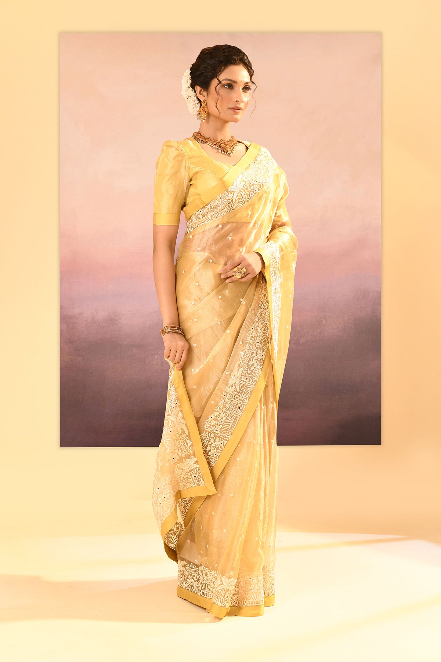 Soft Yellow Tissue Embroidered Saree