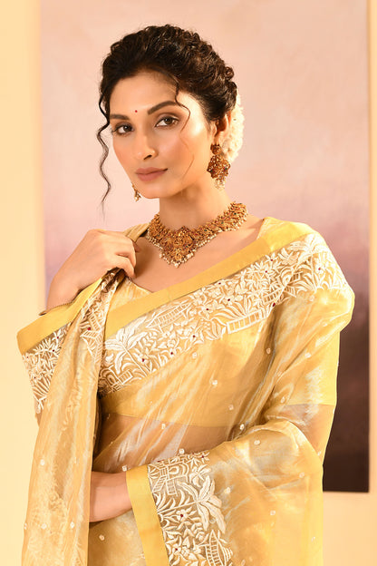 Soft Yellow Tissue Embroidered Saree