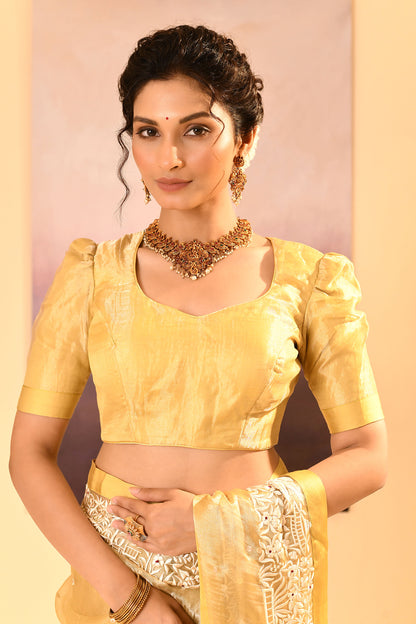 Soft Yellow Tissue Embroidered Saree