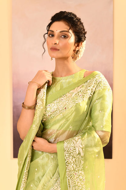 Pear Green Tissue Embroidered Saree