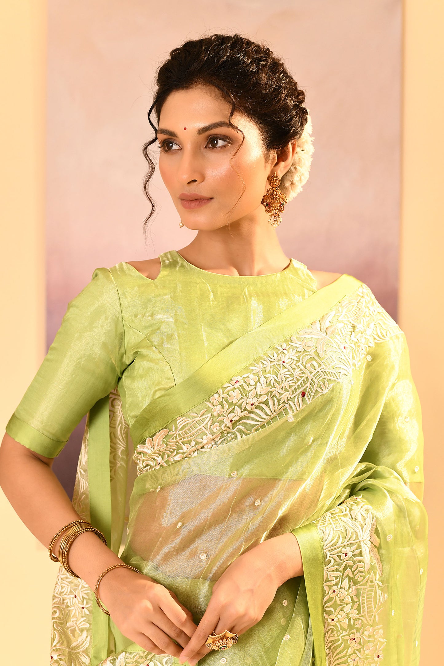 Pear Green Tissue Embroidered Saree