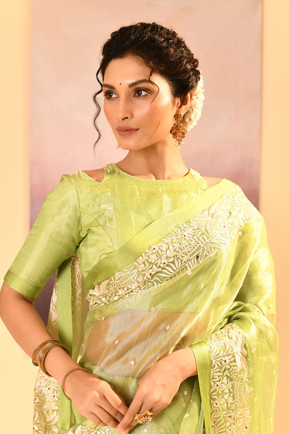 Pear Green Tissue Embroidered Saree