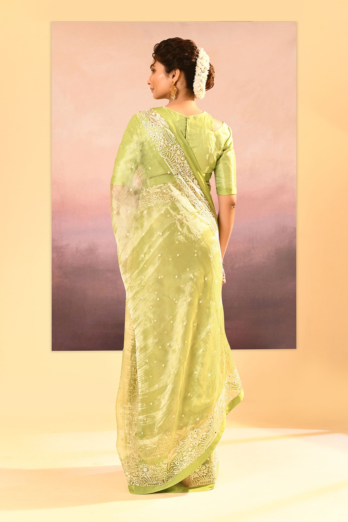 Pear Green Tissue Embroidered Saree