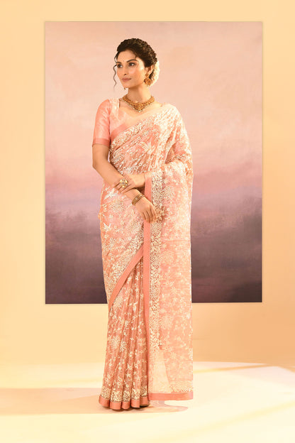 Muted Pink Tissue Embroidered Saree