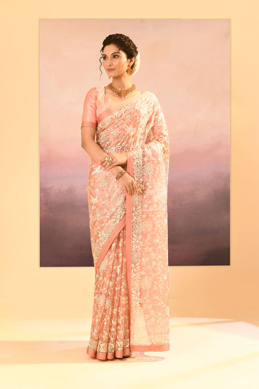Muted Pink Tissue Embroidered Saree