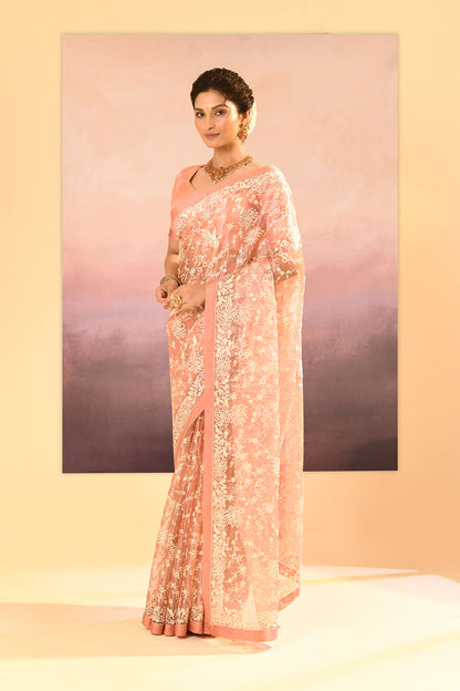 Muted Pink Tissue Embroidered Saree
