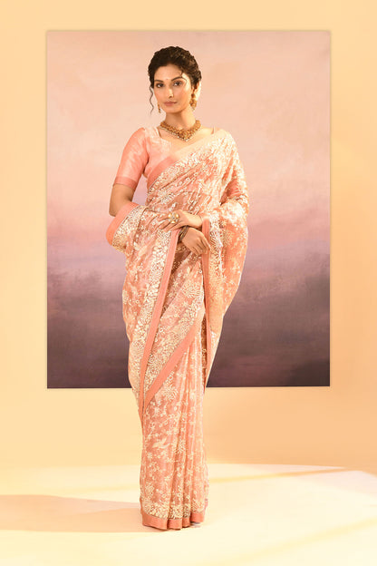 Muted Pink Tissue Embroidered Saree