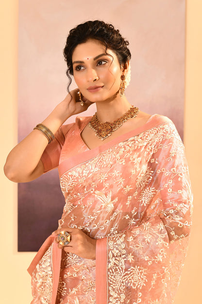 Muted Pink Tissue Embroidered Saree