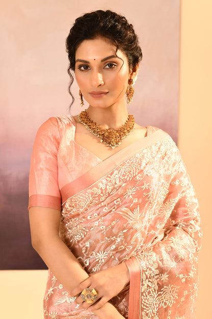 Muted Pink Tissue Embroidered Saree