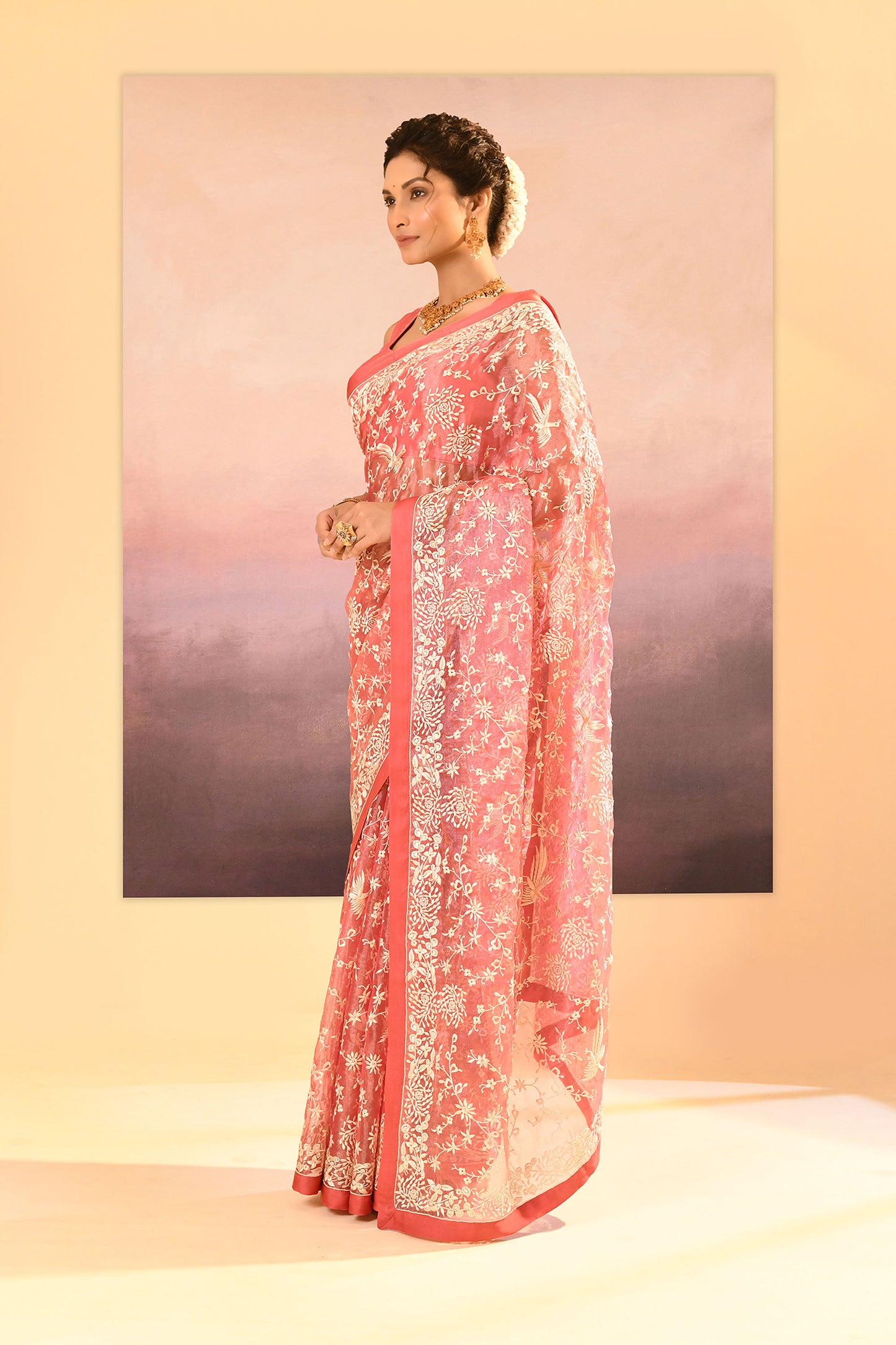 Soft Pink Tissue Embroidered Saree