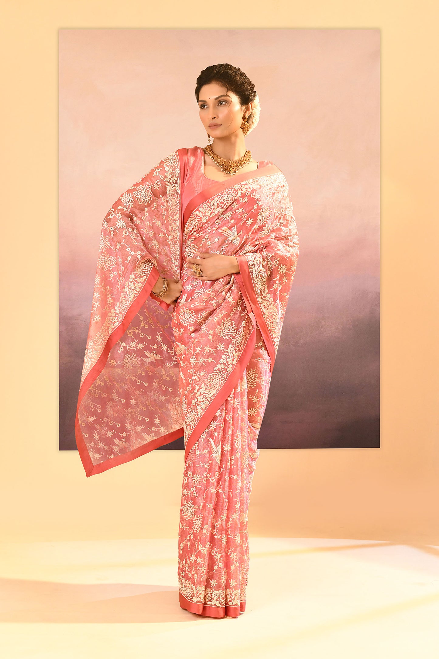 Soft Pink Tissue Embroidered Saree