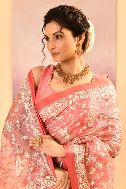 Soft Pink Tissue Embroidered Saree