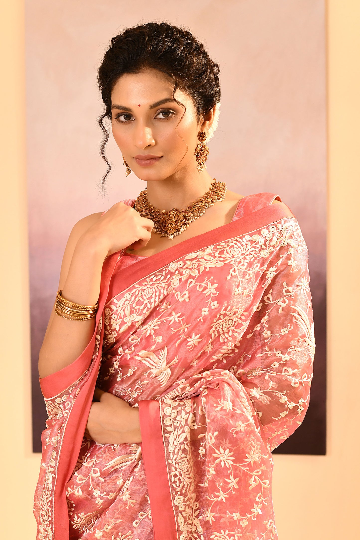Soft Pink Tissue Embroidered Saree