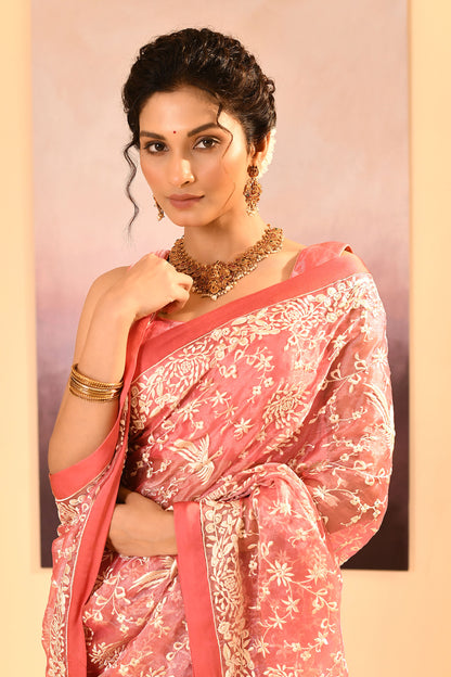 Soft Pink Tissue Embroidered Saree