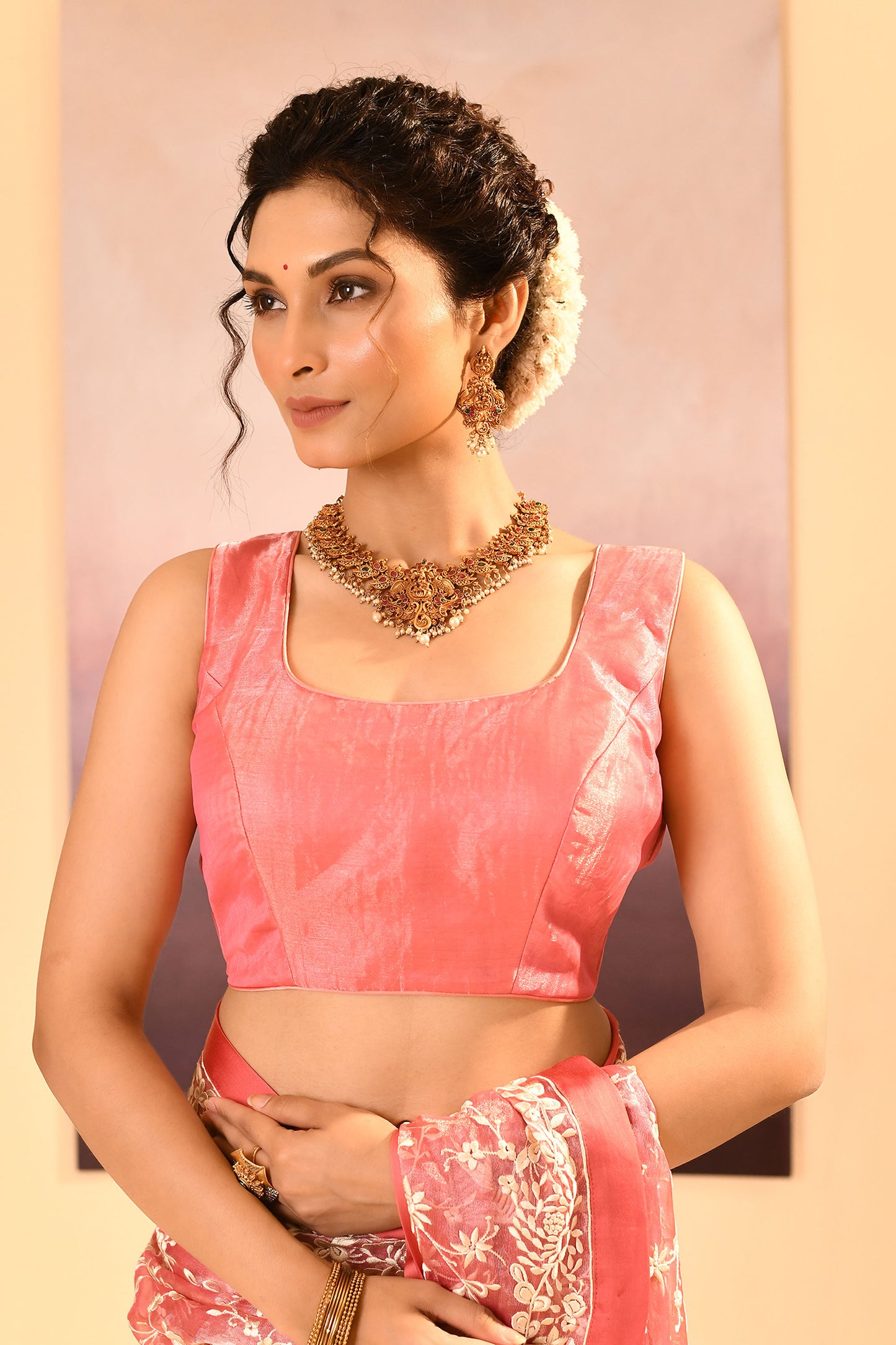 Soft Pink Tissue Embroidered Saree