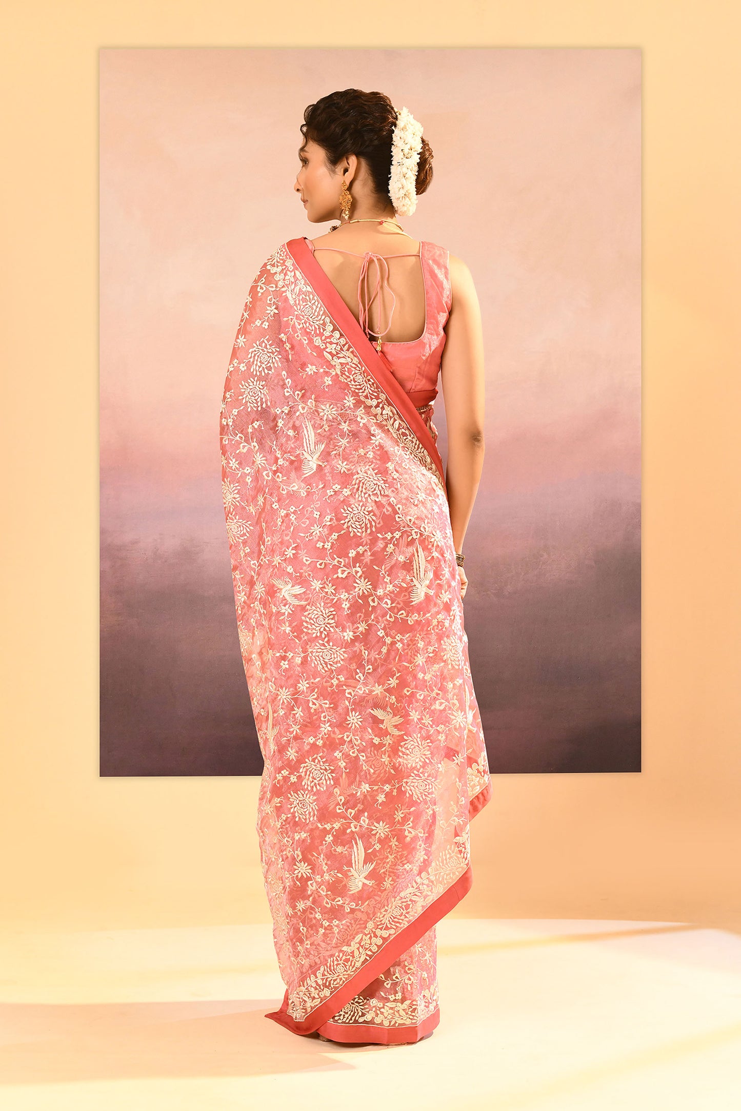 Soft Pink Tissue Embroidered Saree