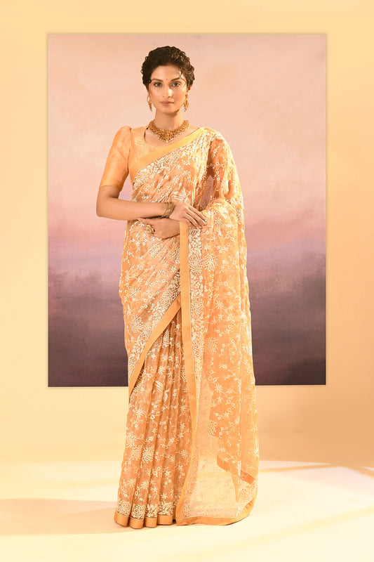 Golden Beige Tissue Embroidered Saree