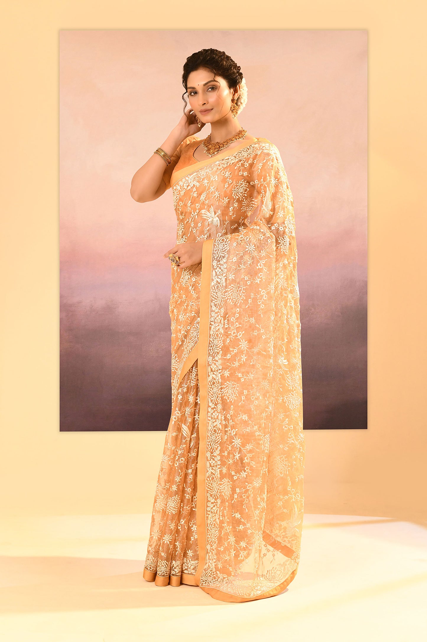 Golden Beige Tissue Embroidered Saree