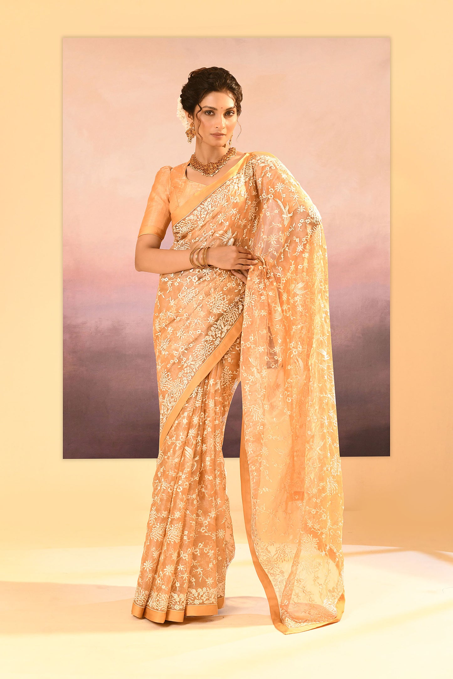 Golden Beige Tissue Embroidered Saree