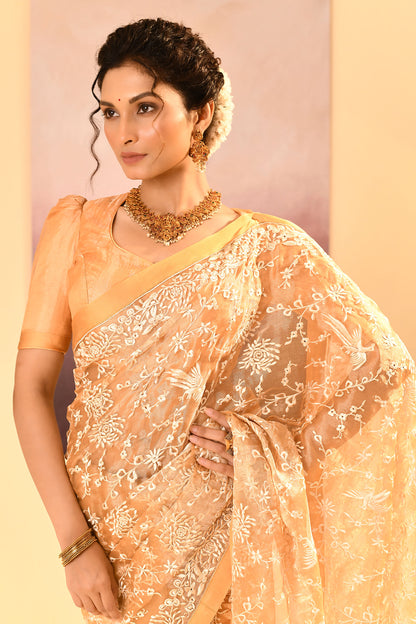 Golden Beige Tissue Embroidered Saree