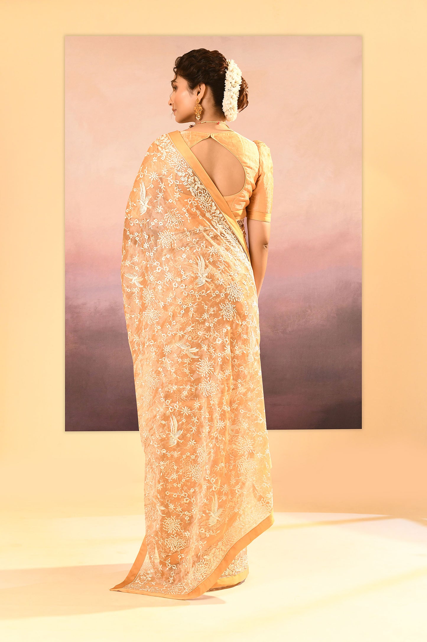 Golden Beige Tissue Embroidered Saree