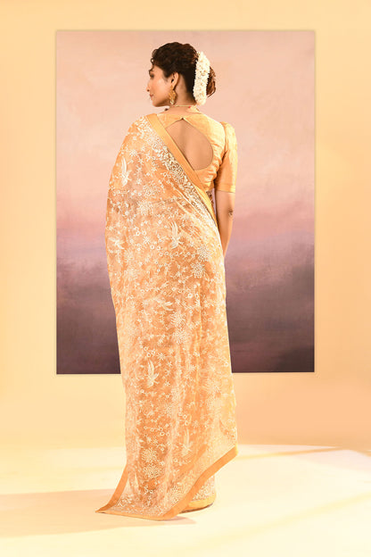 Golden Beige Tissue Embroidered Saree