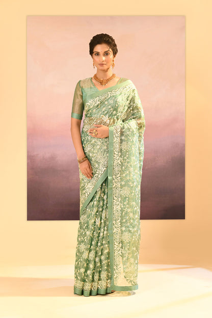 Soft Basil Green Tissue Embroidered Saree