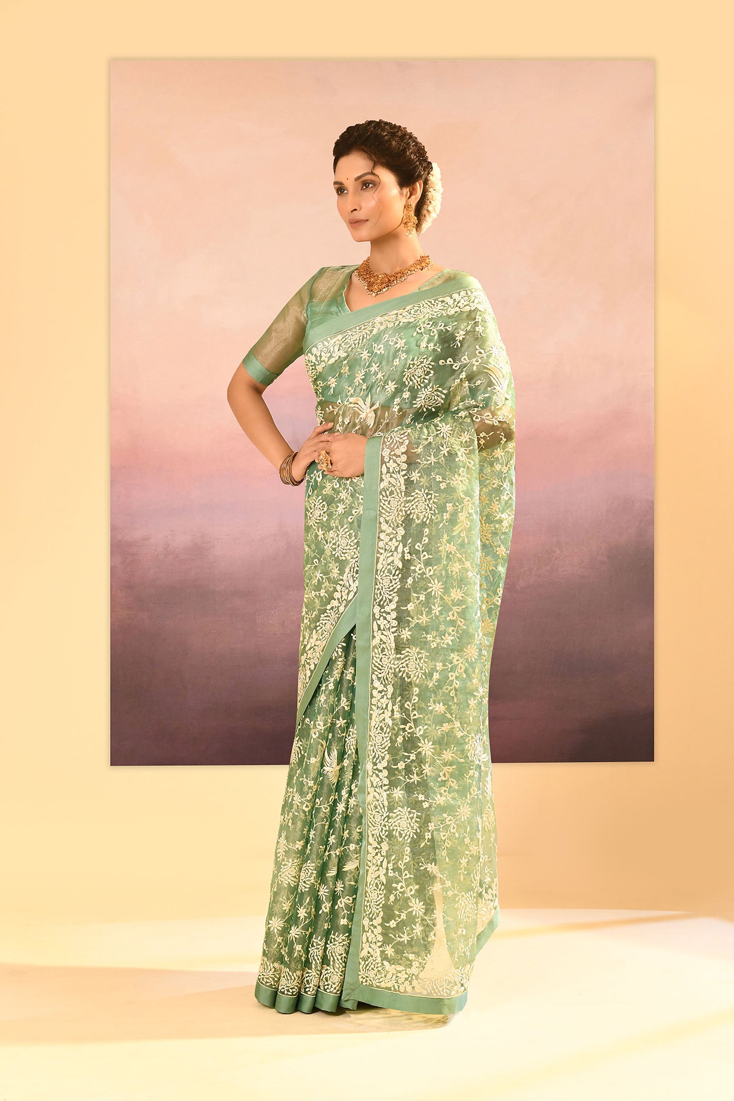 Soft Basil Green Tissue Embroidered Saree