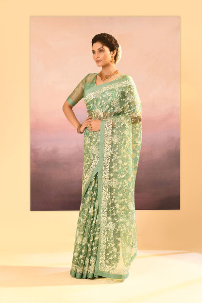 Soft Basil Green Tissue Embroidered Saree
