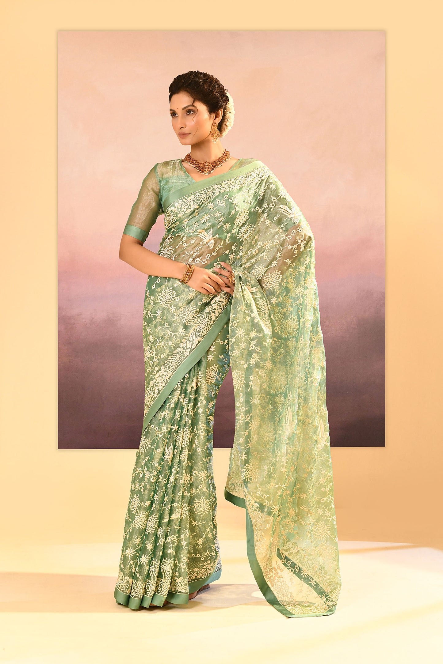 Soft Basil Green Tissue Embroidered Saree