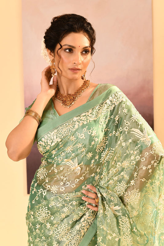 Soft Basil Green Tissue Embroidered Saree