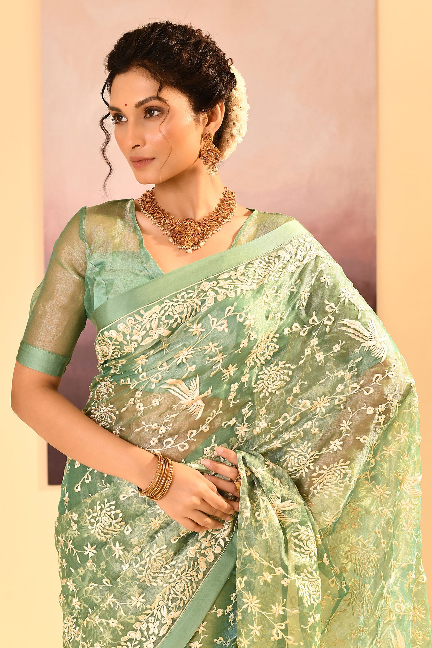 Soft Basil Green Tissue Embroidered Saree