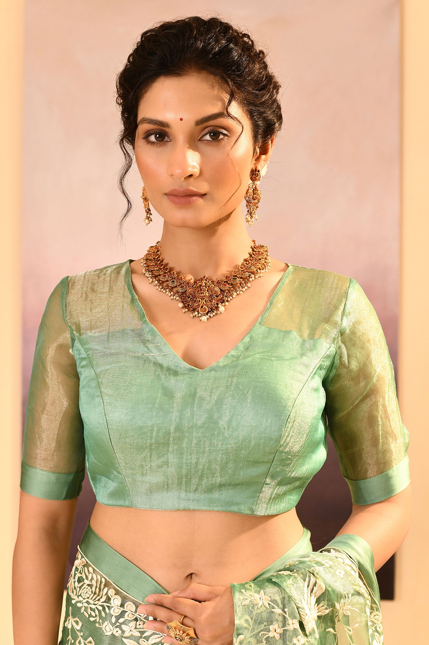 Soft Basil Green Tissue Embroidered Saree