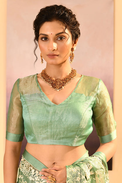 Soft Basil Green Tissue Embroidered Saree