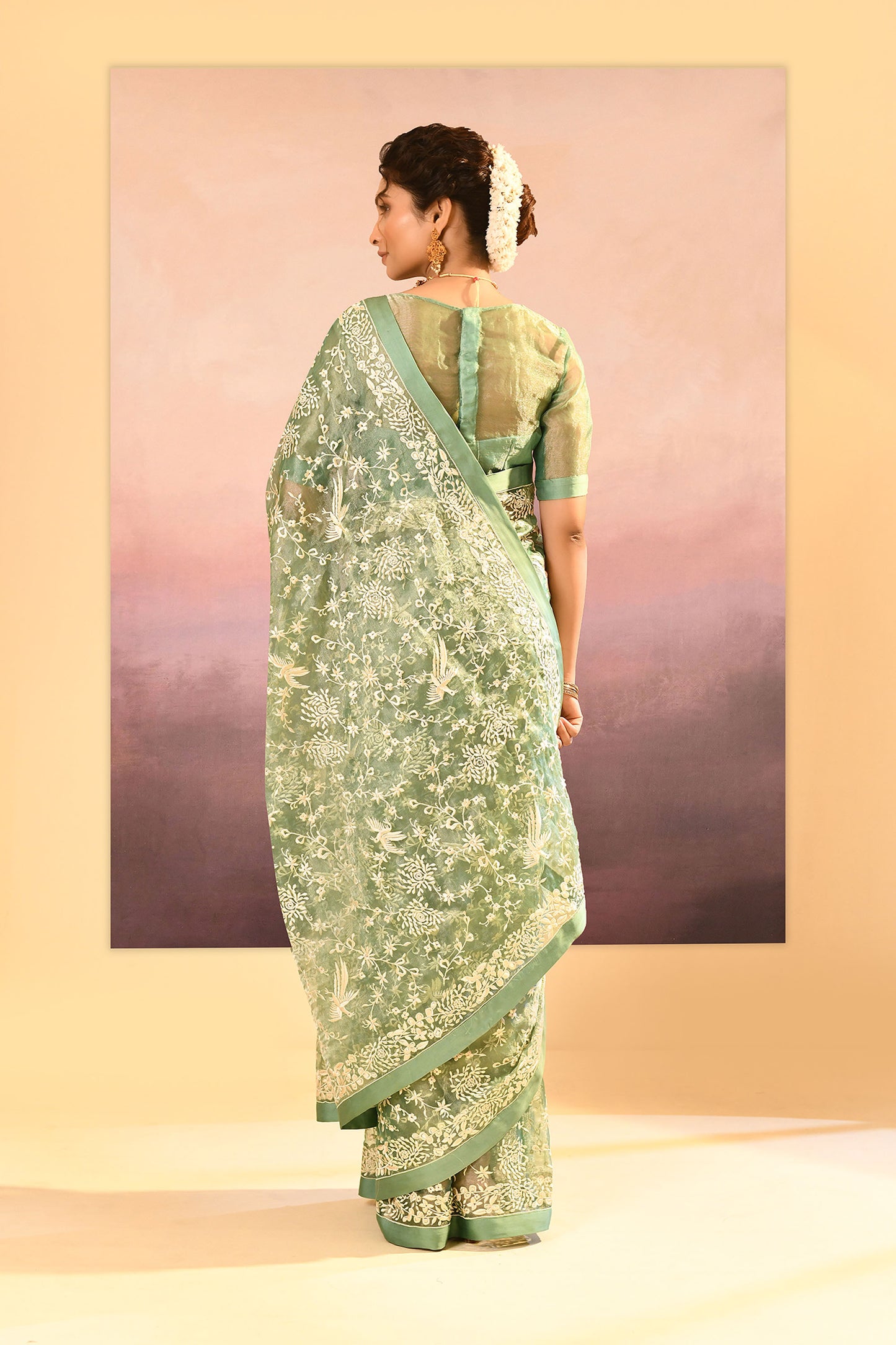 Soft Basil Green Tissue Embroidered Saree
