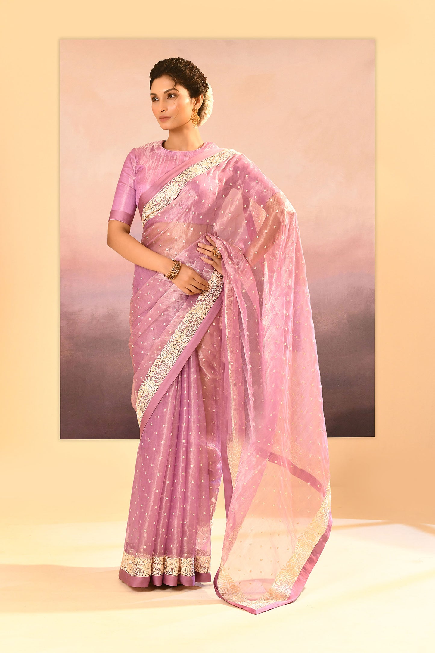 Pastel Soft Pink Tissue Embroidered Saree