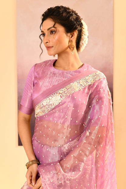 Pastel Soft Pink Tissue Embroidered Saree