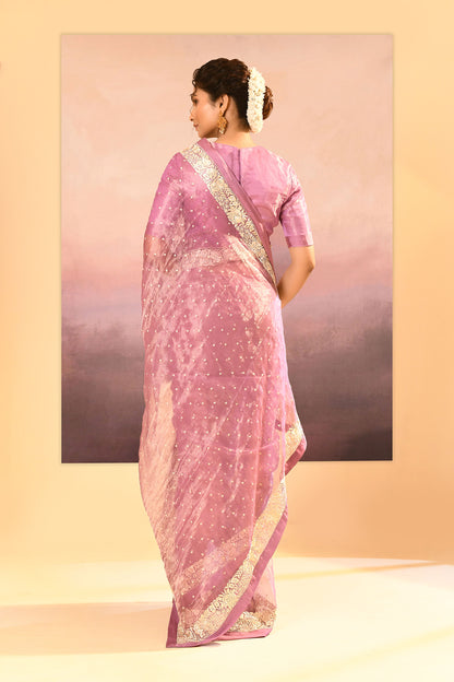 Pastel Soft Pink Tissue Embroidered Saree