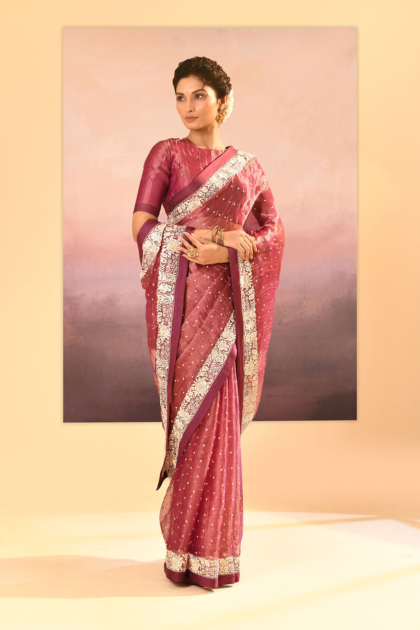 Pantone Purple Tissue Embroidered Saree