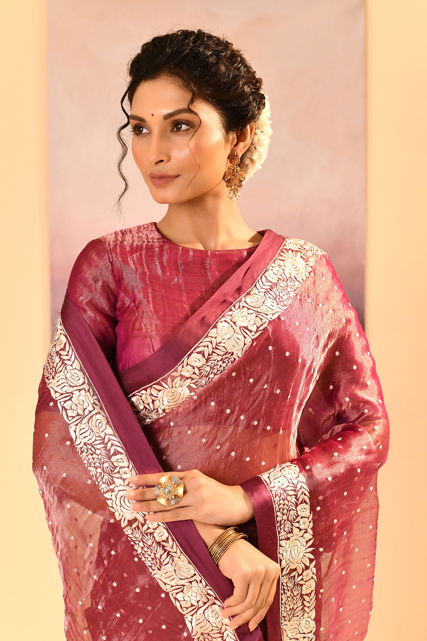 Pantone Purple Tissue Embroidered Saree