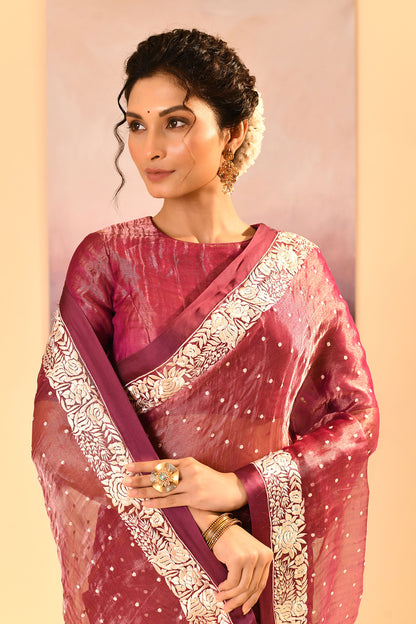 Pantone Purple Tissue Embroidered Saree