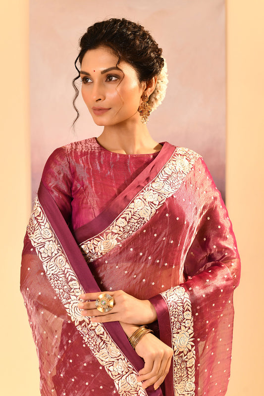 Pantone Purple Tissue Embroidered Saree
