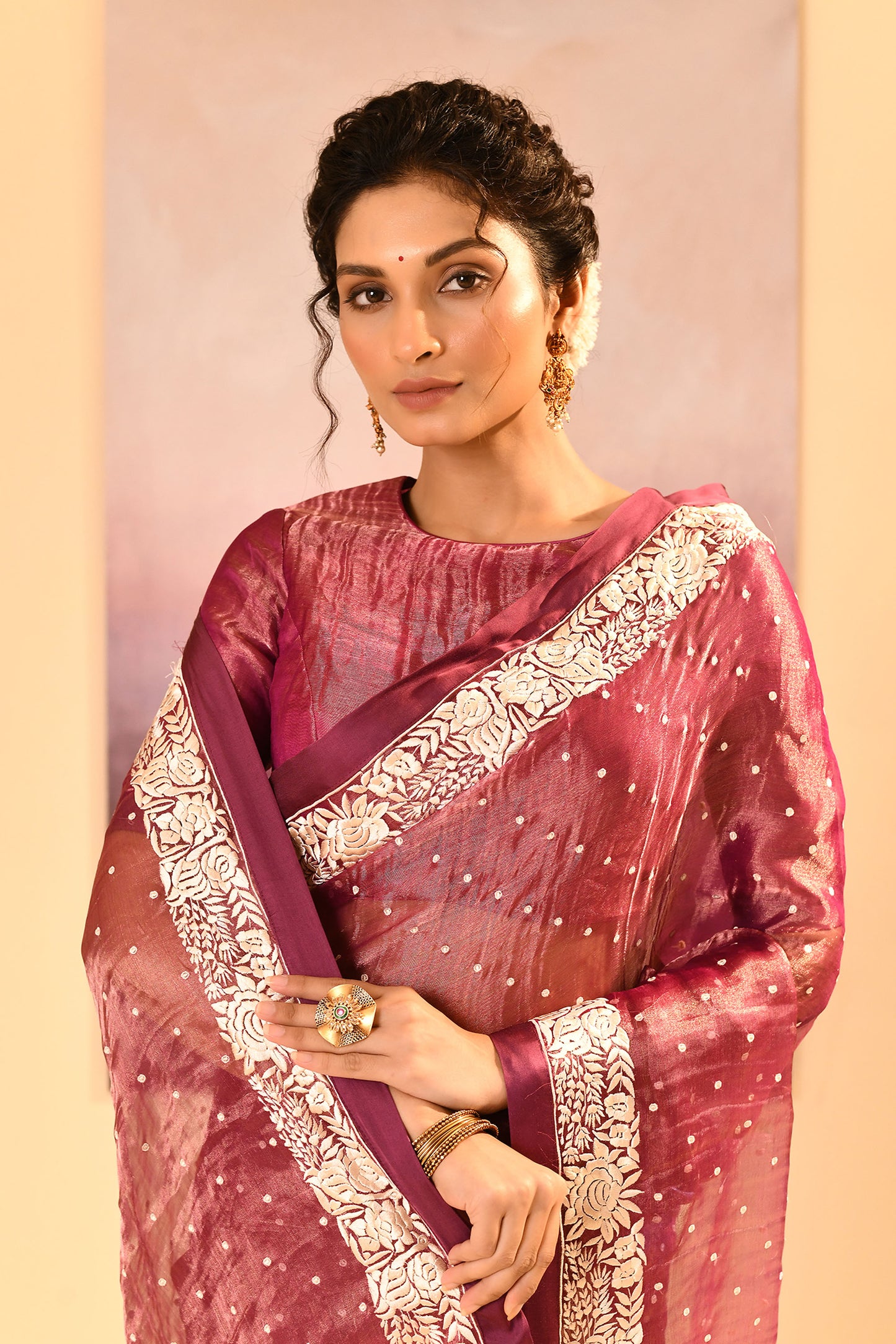 Pantone Purple Tissue Embroidered Saree