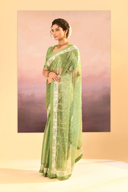 Lime Green Tissue Embroidered Saree
