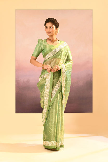 Lime Green Tissue Embroidered Saree