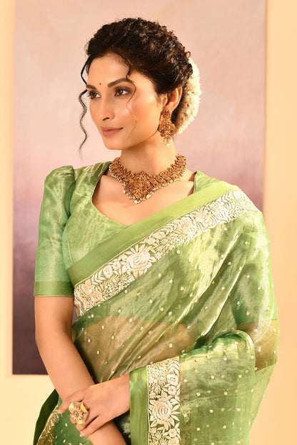 Lime Green Tissue Embroidered Saree