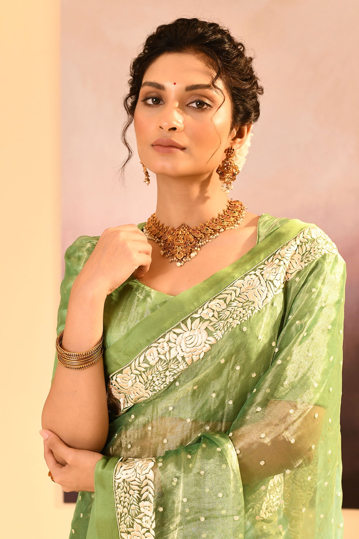 Lime Green Tissue Embroidered Saree