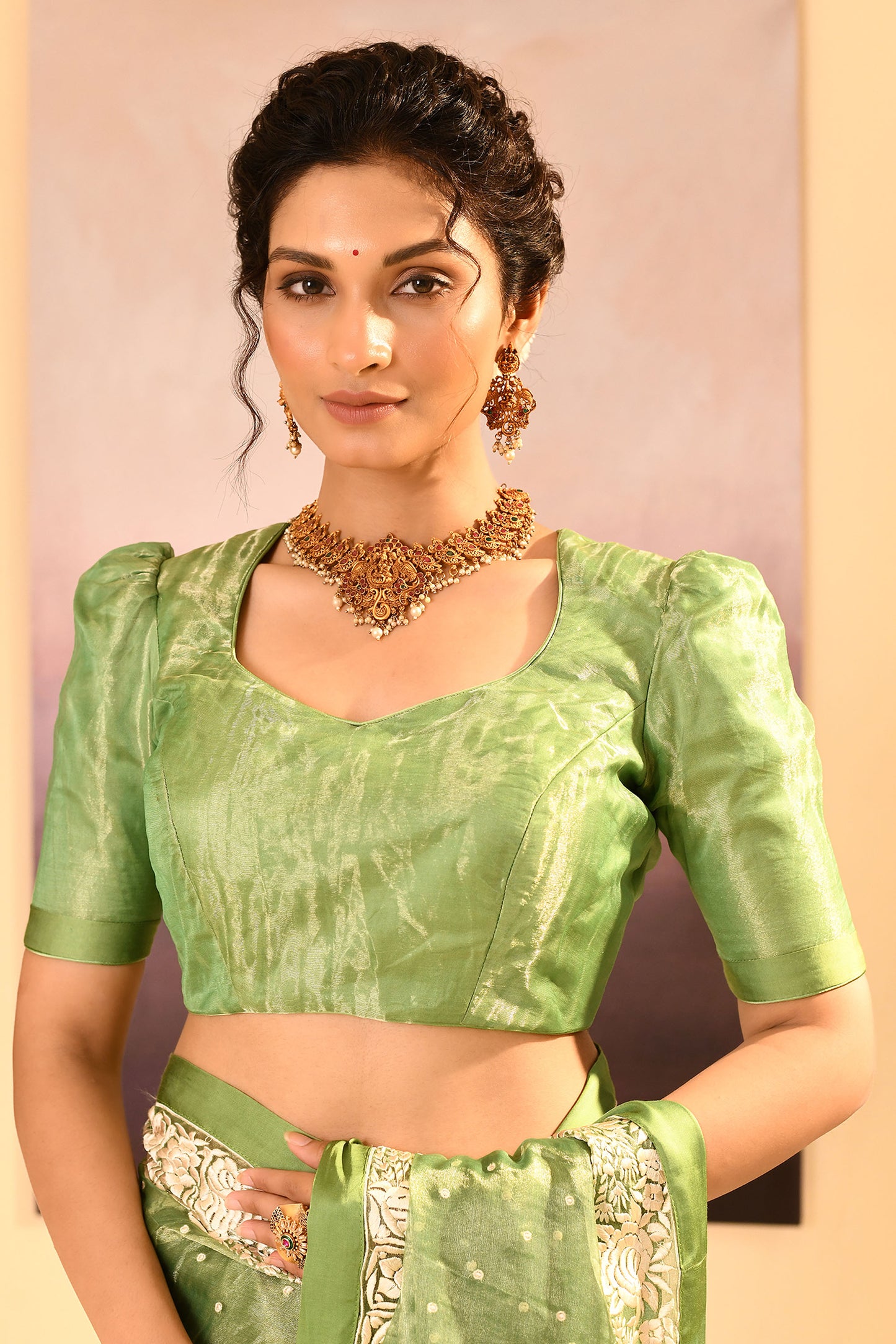 Lime Green Tissue Embroidered Saree