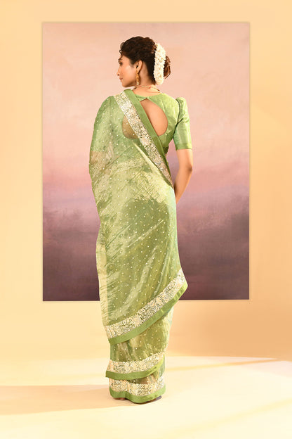 Lime Green Tissue Embroidered Saree