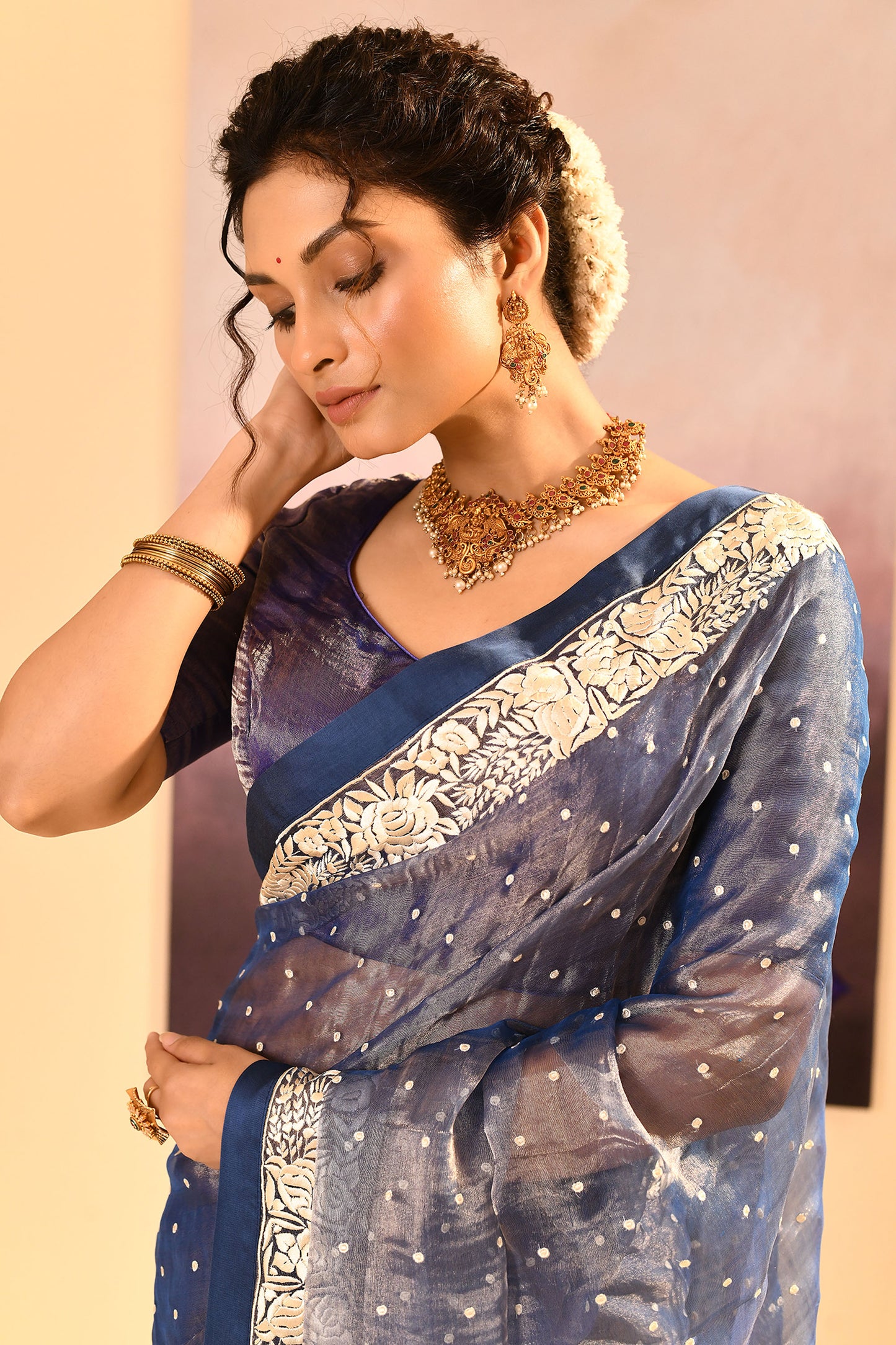 Metallic Blue Tissue Embroidered Saree